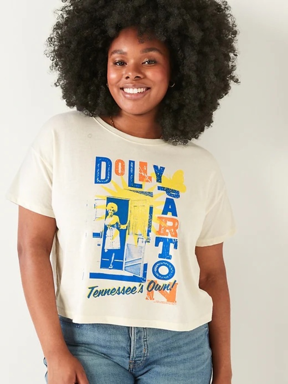 Old Navy White Dolly Parton Graphic Tee with Blue, Yellow & Red Print xl